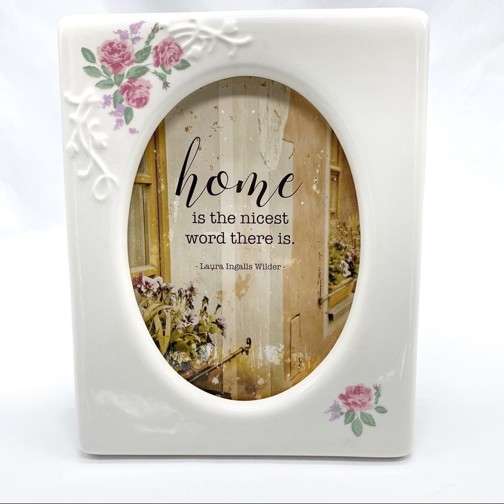 Hallmark Vintage White Ceramic Picture Frame Rose Details Oval Cutout